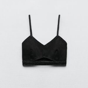 Zara Black Denim Rhinestone Spaghetti Strap Bralette Size Small Crop Top NWT